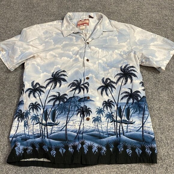 RJC Shirt M Hawaiian 100% Cotton Vintage USA Made Palm Trees All Over Print - Picture 1 of 7